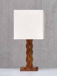 French Art Deco Geometric Oak Table Lamp with Linen Shade Late 1930s - 4481187