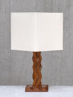 French Art Deco Geometric Oak Table Lamp with Linen Shade Late 1930s - 4481188