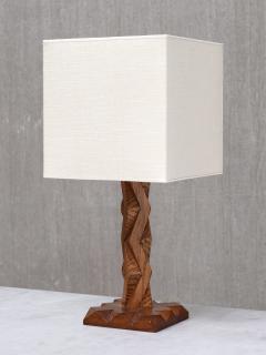 French Art Deco Geometric Oak Table Lamp with Linen Shade Late 1930s - 4481190