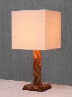 French Art Deco Geometric Oak Table Lamp with Linen Shade Late 1930s - 4481192
