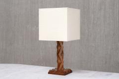 French Art Deco Geometric Oak Table Lamp with Linen Shade Late 1930s - 4481193