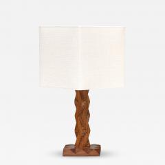 French Art Deco Geometric Oak Table Lamp with Linen Shade Late 1930s - 4483639