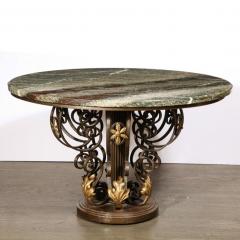 French Art Deco Hand Wrought Iron Table with Gilded Accents Exotic Marble Top - 2660815