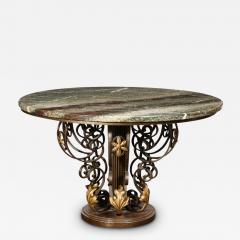 French Art Deco Hand Wrought Iron Table with Gilded Accents Exotic Marble Top - 2669525