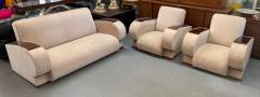 French Art Deco Living Room Set in Beige Suede Rosewood Armrests 3 Pieces - 3316670