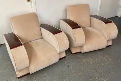 French Art Deco Living Room Set in Beige Suede Rosewood Armrests 3 Pieces - 3316678