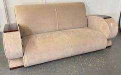 French Art Deco Living Room Set in Beige Suede Rosewood Armrests 3 Pieces - 3316679