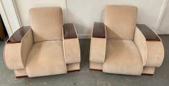 French Art Deco Living Room Set in Beige Suede Rosewood Armrests 3 Pieces - 3316681