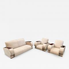French Art Deco Living Room Set in Beige Suede Rosewood Armrests 3 Pieces - 3323068