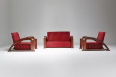French Art Deco Lounge Chairs in Red Striped Velvet and with Swoosh Armrests - 2048397