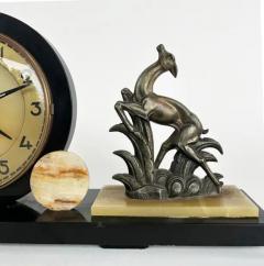 French Art Deco Marble Onyx Mantel Clock with Gazelles Signed Ucra 1930s - 4032136