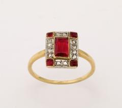 French Art Deco Natural Ruby Baguette and Diamond Ring - 3978906