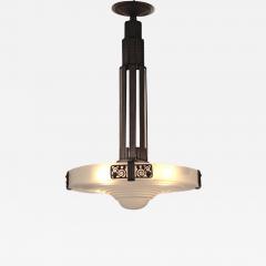 French Art Deco Pendant Chandelier Wrought Iron Frosted Glass 1928 - 4776466