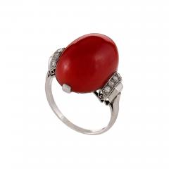 French Art Deco Red Coral Diamond and Platinum Ring - 252741