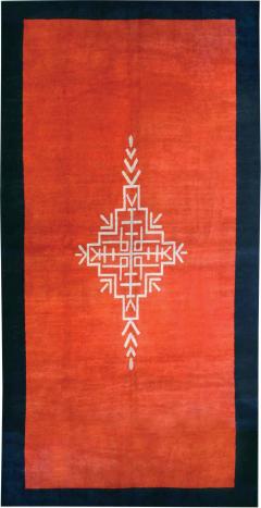 French Art Deco Red Rug with Navy Border and Ivory Central Medallion - 2455226