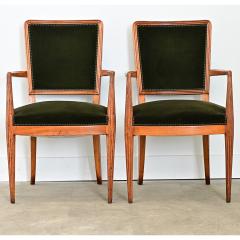 French Art Deco Set of Six Olivewood and Velvet Dining Chairs - 4600842
