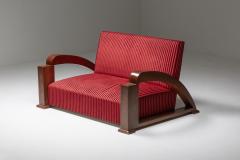 French Art Deco Sofa in Red Striped Velvet and with Swoosh Armrests 1940s - 2048391