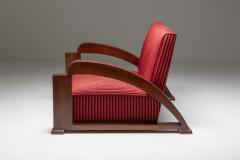 French Art Deco Sofa in Red Striped Velvet and with Swoosh Armrests 1940s - 2048395