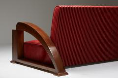 French Art Deco Sofa in Red Striped Velvet and with Swoosh Armrests 1940s - 2048406