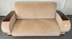 French Art Deco Sofa or Settee with Beige Suede Upholstery Rosewood Armrests - 3300337