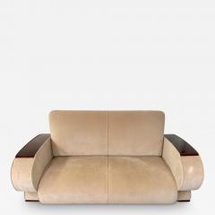 French Art Deco Sofa or Settee with Beige Suede Upholstery Rosewood Armrests - 3302081