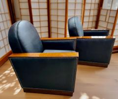 French Art Deco Style Club Chairs in Black Leather Wood Details - 4134559