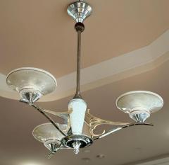 French Art Deco Three Arm Chandelier w Original Glass and Sculptural Metalwork - 4217100