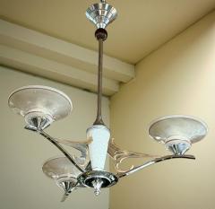 French Art Deco Three Arm Chandelier w Original Glass and Sculptural Metalwork - 4217102