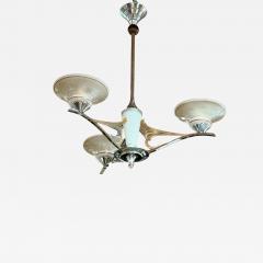 French Art Deco Three Arm Chandelier w Original Glass and Sculptural Metalwork - 4217563