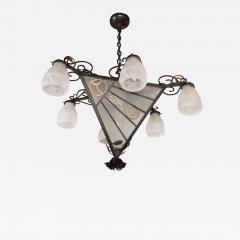 French Art Deco Wrought Iron Six Arm Chandelier with Rose Finial - 1462963