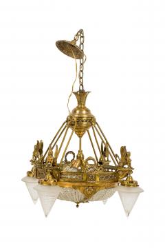 French Art Deco beaded glass chandelier with 4 cone shaped shades - 4161866