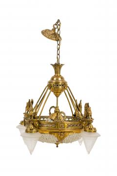 French Art Deco beaded glass chandelier with 4 cone shaped shades - 4161867