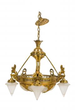 French Art Deco beaded glass chandelier with 4 cone shaped shades - 4161869