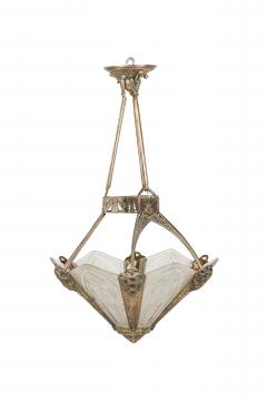 French Art Deco chandelier with 6 flared frosted geometric glass shades - 4161860