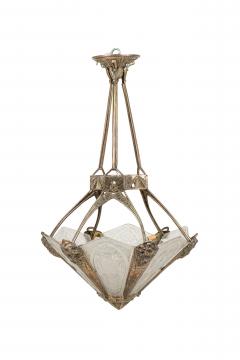 French Art Deco chandelier with 6 flared frosted geometric glass shades - 4161861