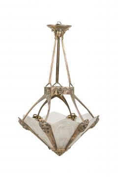 French Art Deco chandelier with 6 flared frosted geometric glass shades - 4161862