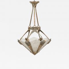 French Art Deco chandelier with 6 flared frosted geometric glass shades - 4167579