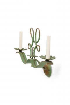 French Art Deco green patina metal sconces pair with 2 scroll arms - 4665525
