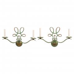 French Art Deco green patina metal sconces pair with 2 scroll arms - 4728951