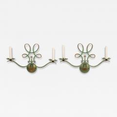 French Art Deco green patina metal sconces pair with 2 scroll arms - 4728959