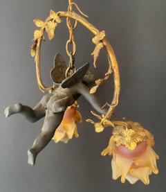 French Art Nouveau Bonze Flying Putto Cherub Lalique Frosted Glas Tulip Shades - 3274979