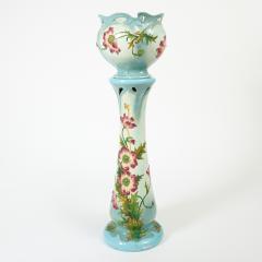 French Art Nouveau Floral Decorated Majolica Jardiniere with Tall Pedestal - 4477568