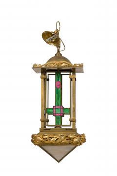 French Art Nouveau bronze dore lantern with leaded colored glass - 4635116
