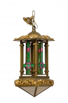 French Art Nouveau bronze dore lantern with leaded colored glass - 4635117