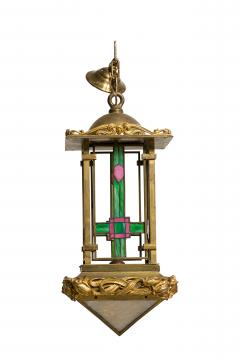 French Art Nouveau bronze dore lantern with leaded colored glass - 4635118