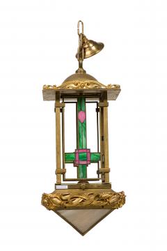 French Art Nouveau bronze dore lantern with leaded colored glass - 4635119