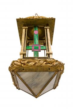 French Art Nouveau bronze dore lantern with leaded colored glass - 4635123