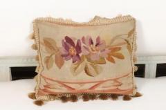 French Aubusson Tapestry 19th Century Pillow with Purple Floral D cor Tassels - 3422384