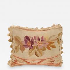 French Aubusson Tapestry 19th Century Pillow with Purple Floral D cor Tassels - 3431436