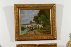 French Barbizon Painting of a Shepherd with His Herd of Sheep Late 19th Century - 3415372